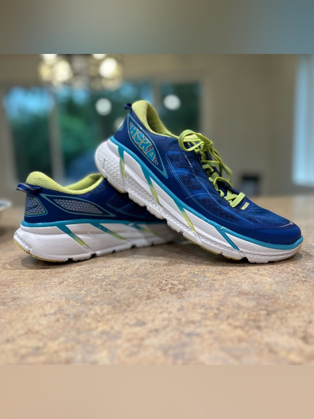 Hoka One One Clifton 2 running shoes in True Blue/Sunny Lime